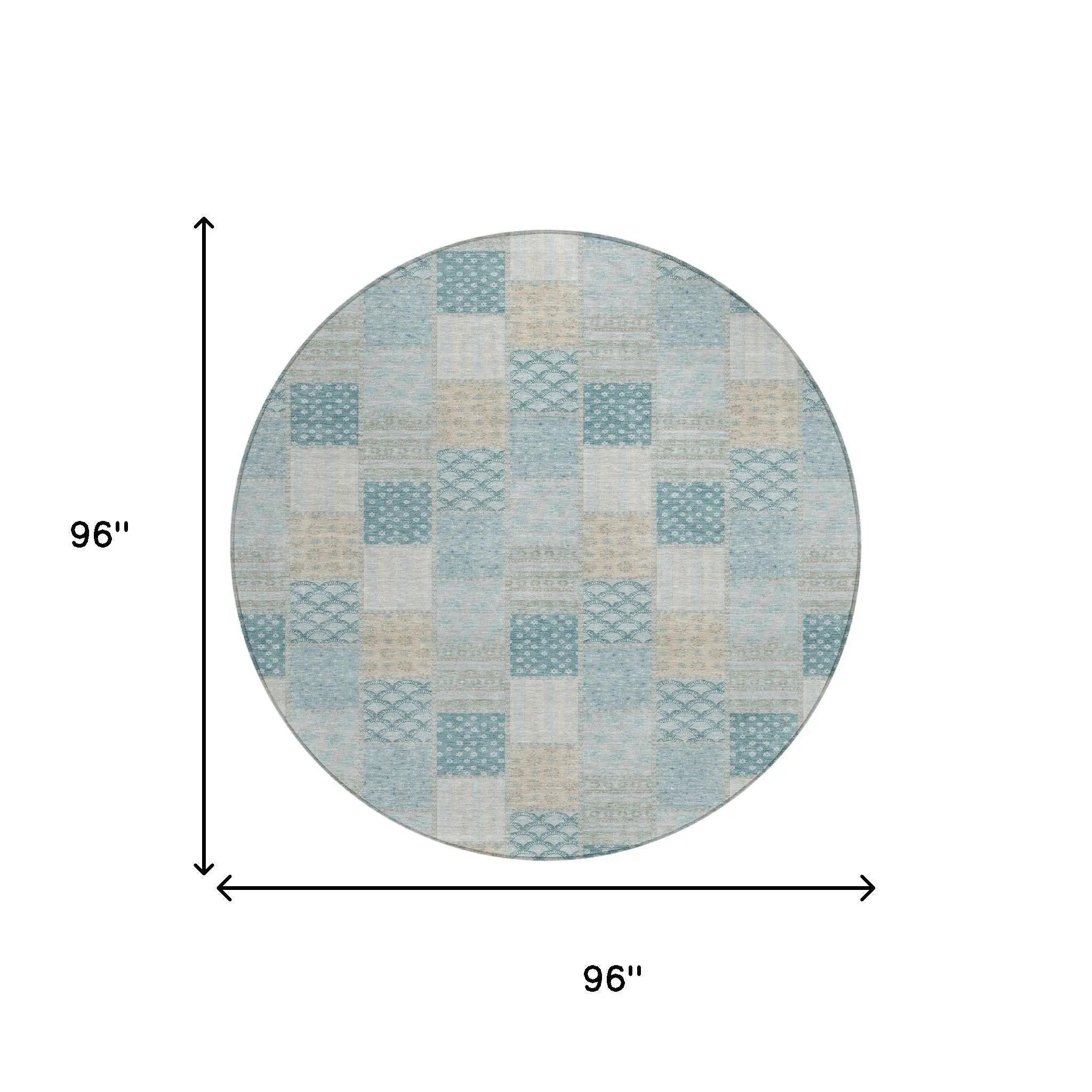 8' Teal Blue And Silver Round Patchwork Washable Indoor Outdoor Area Rug Homeroots Outdoor
