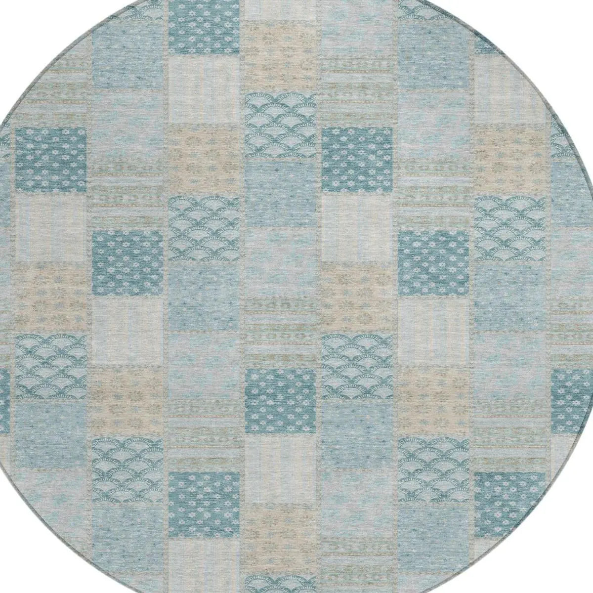8' Teal Blue And Silver Round Patchwork Washable Indoor Outdoor Area Rug Homeroots Outdoor