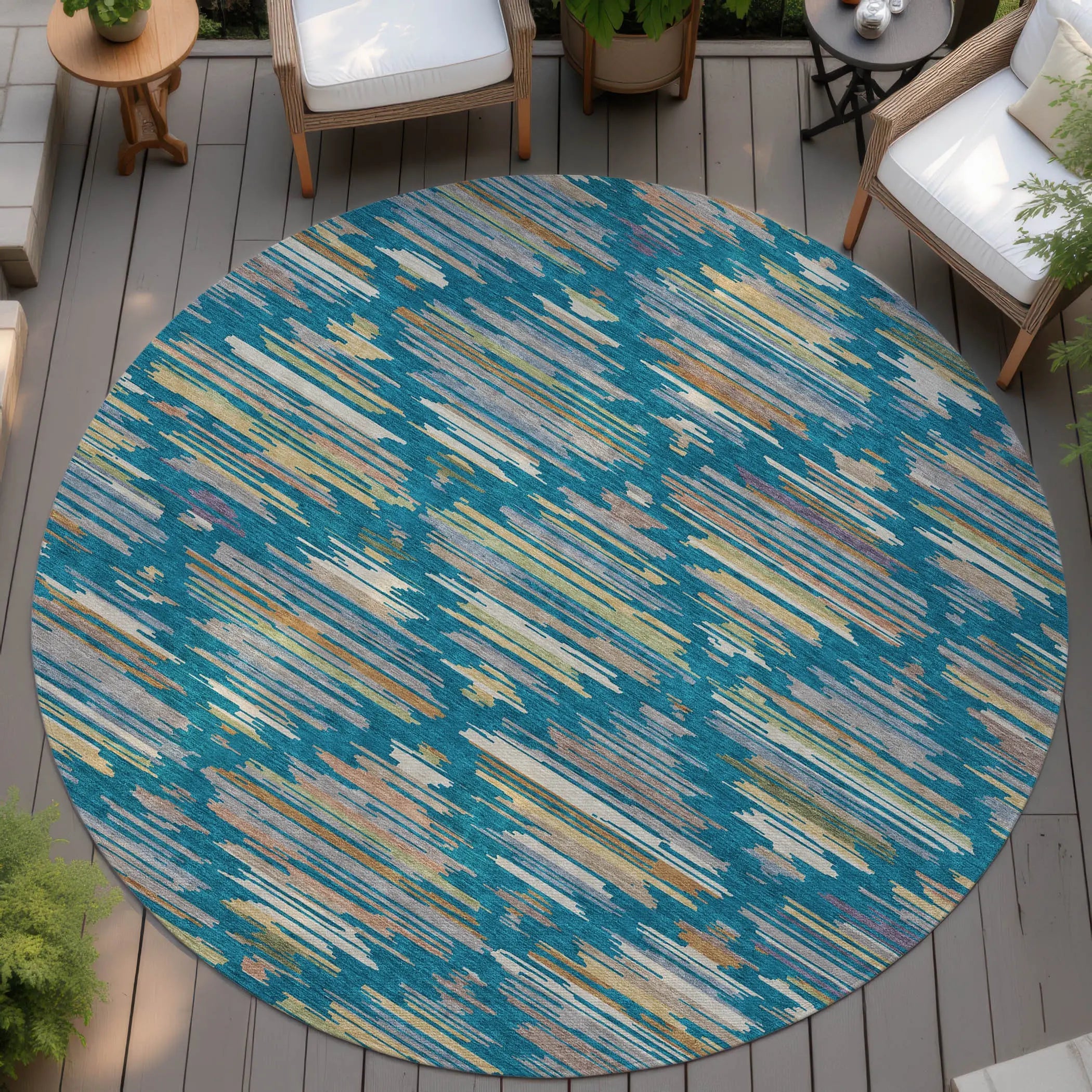 8' Teal Blue And Silver Round Southwestern Washable Indoor Outdoor Area Rug Homeroots Outdoor