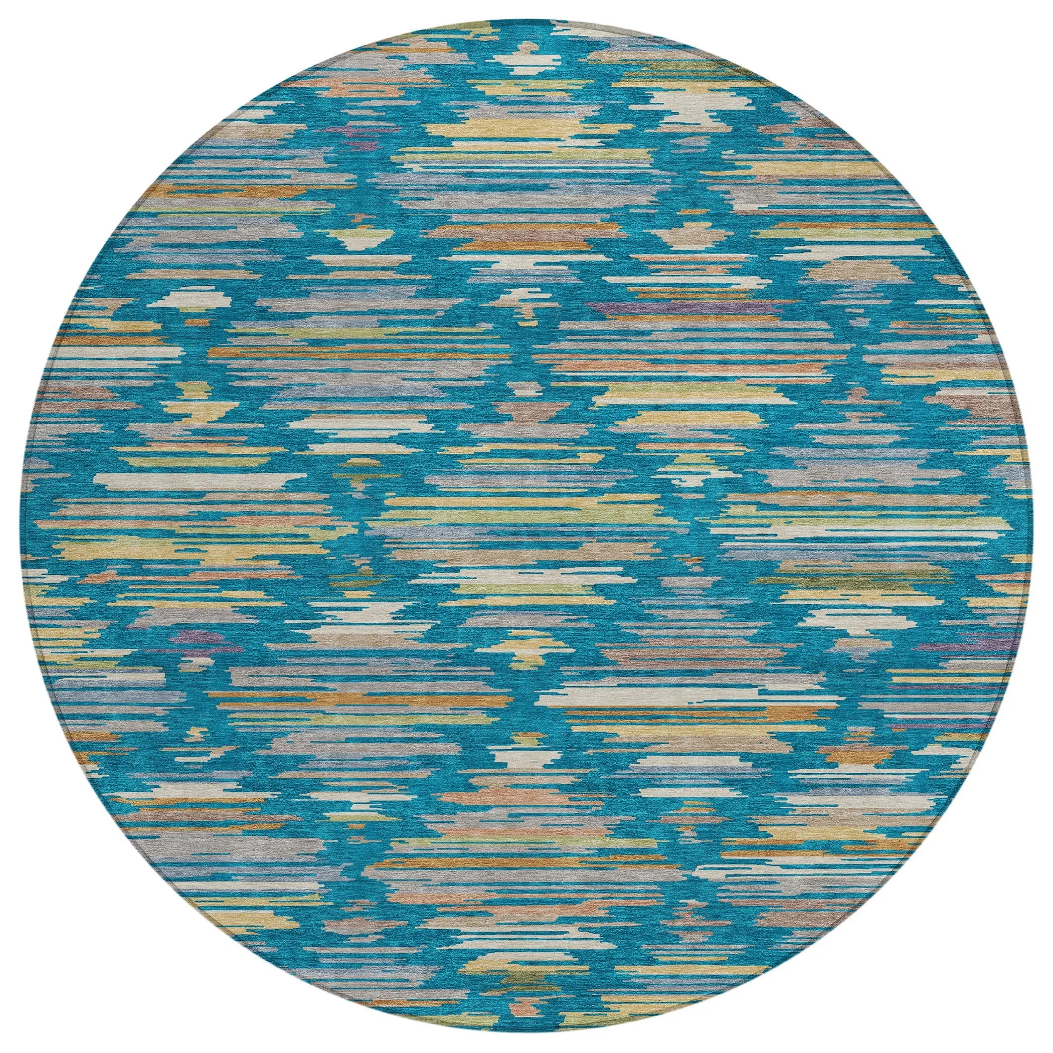 8' Teal Blue And Silver Round Southwestern Washable Indoor Outdoor Area Rug Homeroots Outdoor