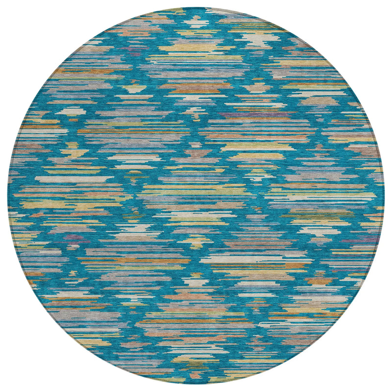 8' Teal Blue And Silver Round Southwestern Washable Indoor Outdoor Area Rug Homeroots Outdoor