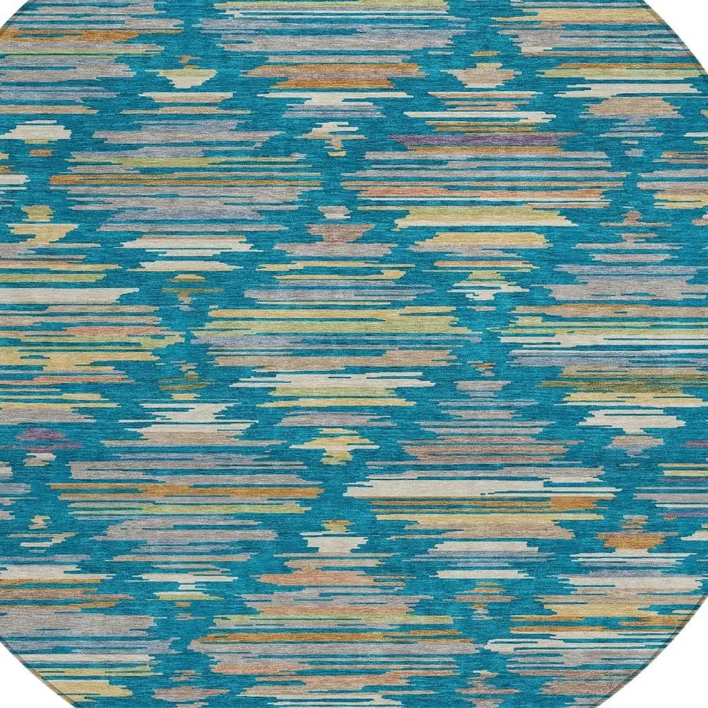 8' Teal Blue And Silver Round Southwestern Washable Indoor Outdoor Area Rug Homeroots Outdoor