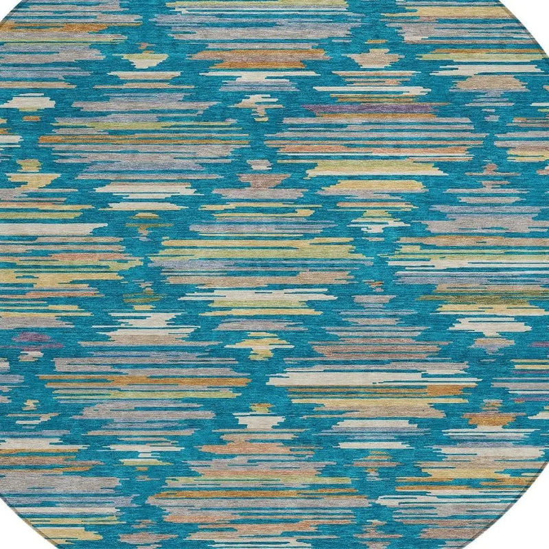 8' Teal Blue And Silver Round Southwestern Washable Indoor Outdoor Area Rug Homeroots Outdoor