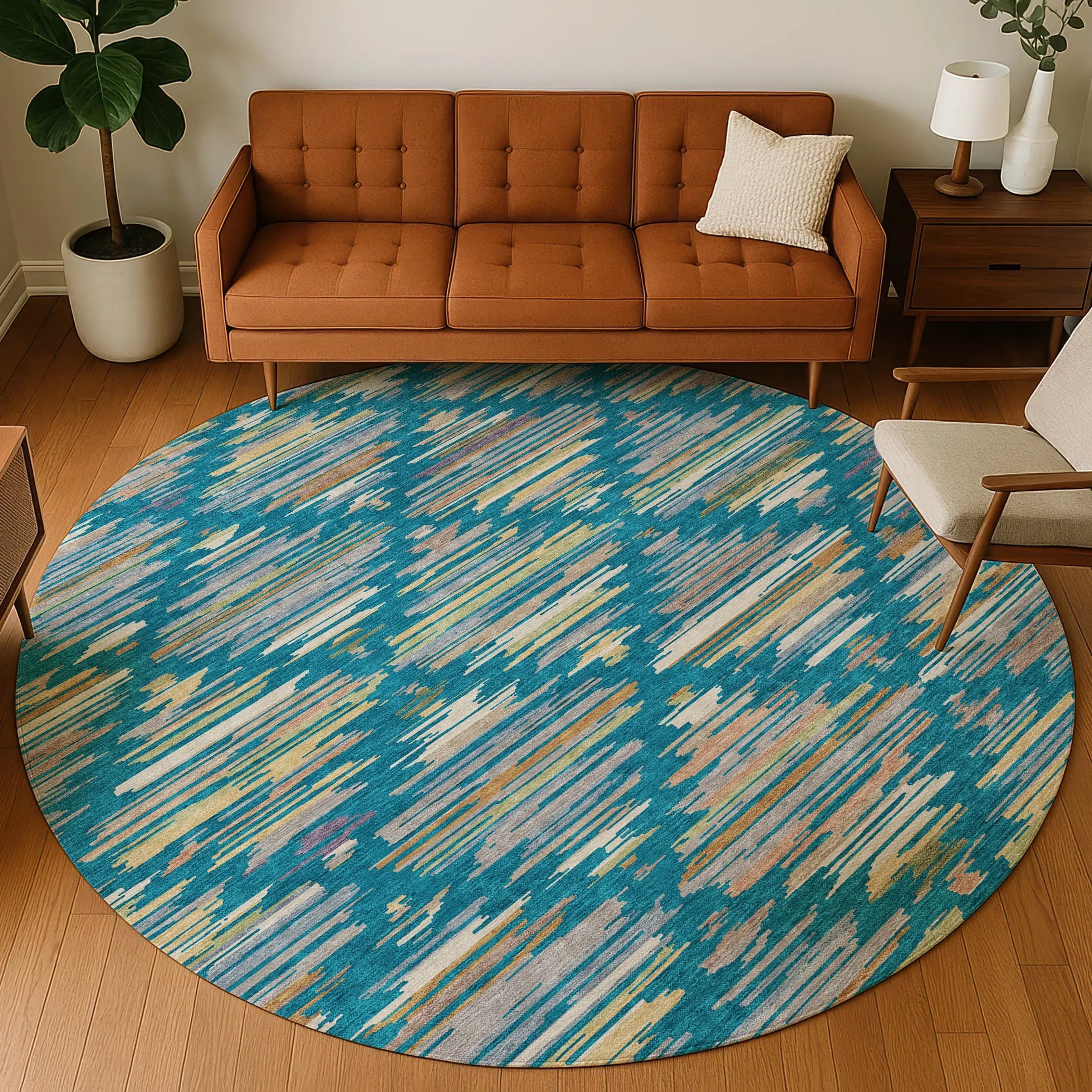 8' Teal Blue And Silver Round Southwestern Washable Indoor Outdoor Area Rug Homeroots Outdoor