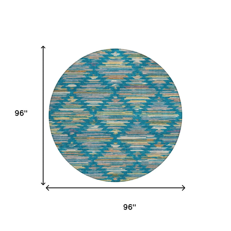 8' Teal Blue And Silver Round Southwestern Washable Indoor Outdoor Area Rug Homeroots Outdoor