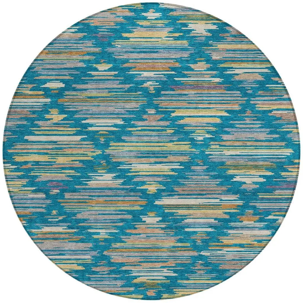 8' Teal Blue And Silver Round Southwestern Washable Indoor Outdoor Area Rug Homeroots Outdoor