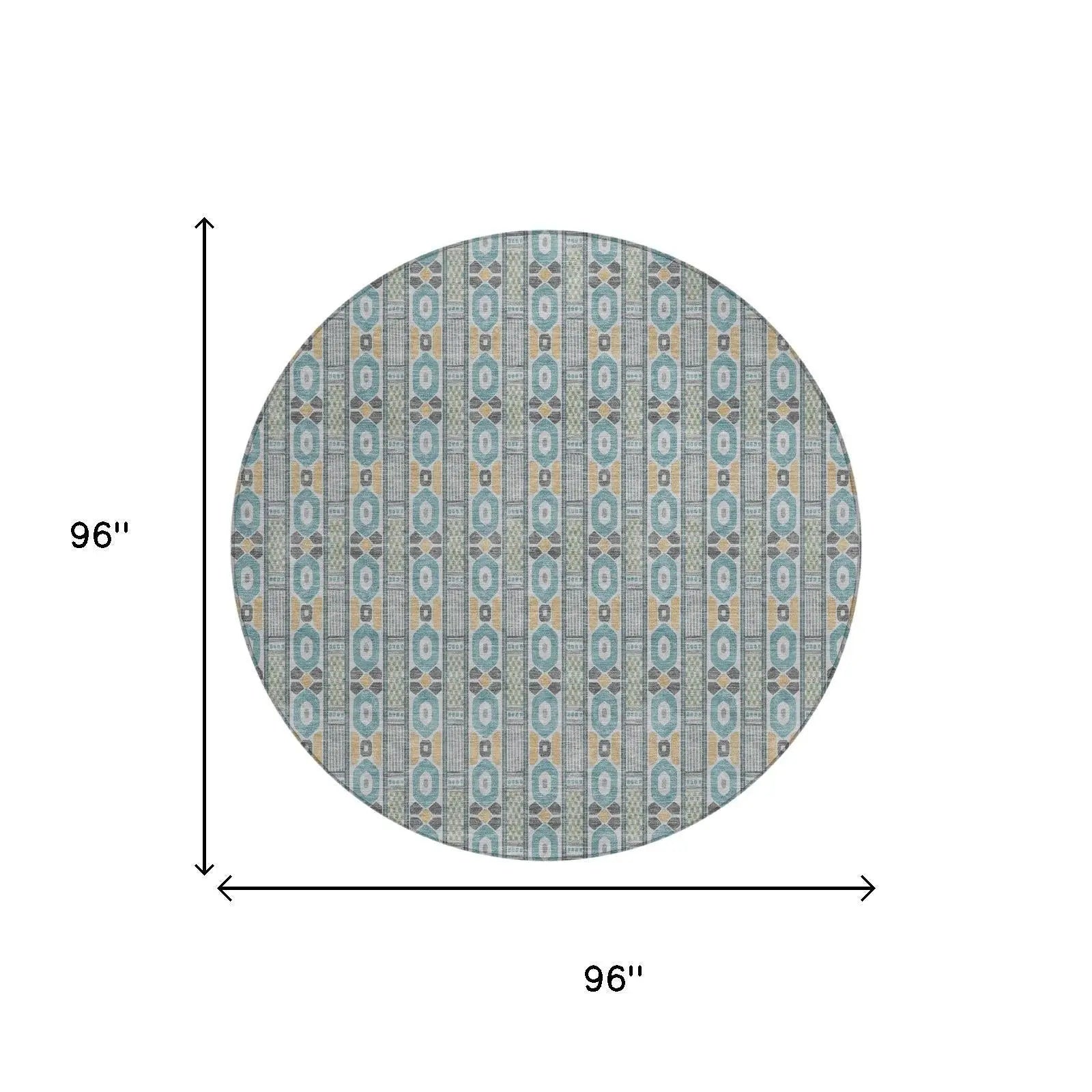 8' Teal Blue And Silver Round Striped Washable Indoor Outdoor Area Rug Homeroots Outdoor