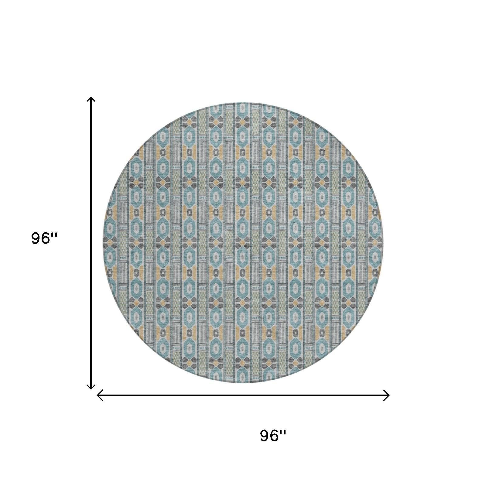 8' Teal Blue And Silver Round Striped Washable Indoor Outdoor Area Rug Homeroots Outdoor
