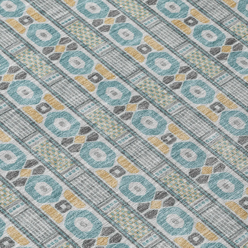 8' Teal Blue And Silver Round Striped Washable Indoor Outdoor Area Rug Homeroots Outdoor