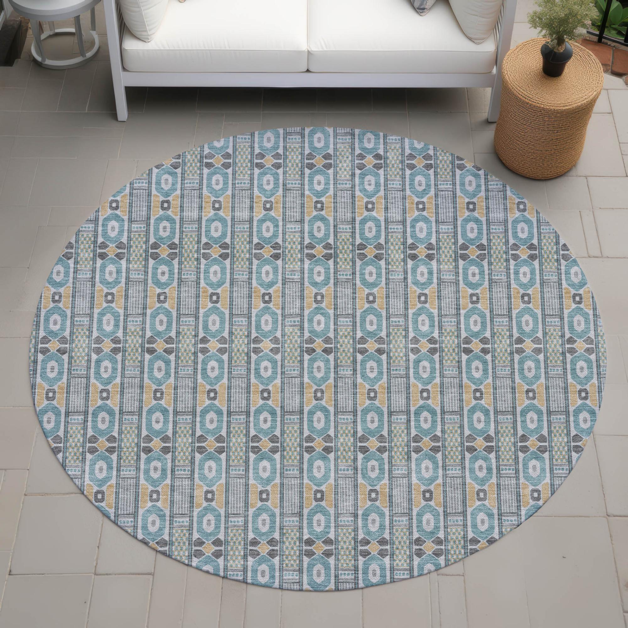 8' Teal Blue And Silver Round Striped Washable Indoor Outdoor Area Rug Homeroots Outdoor