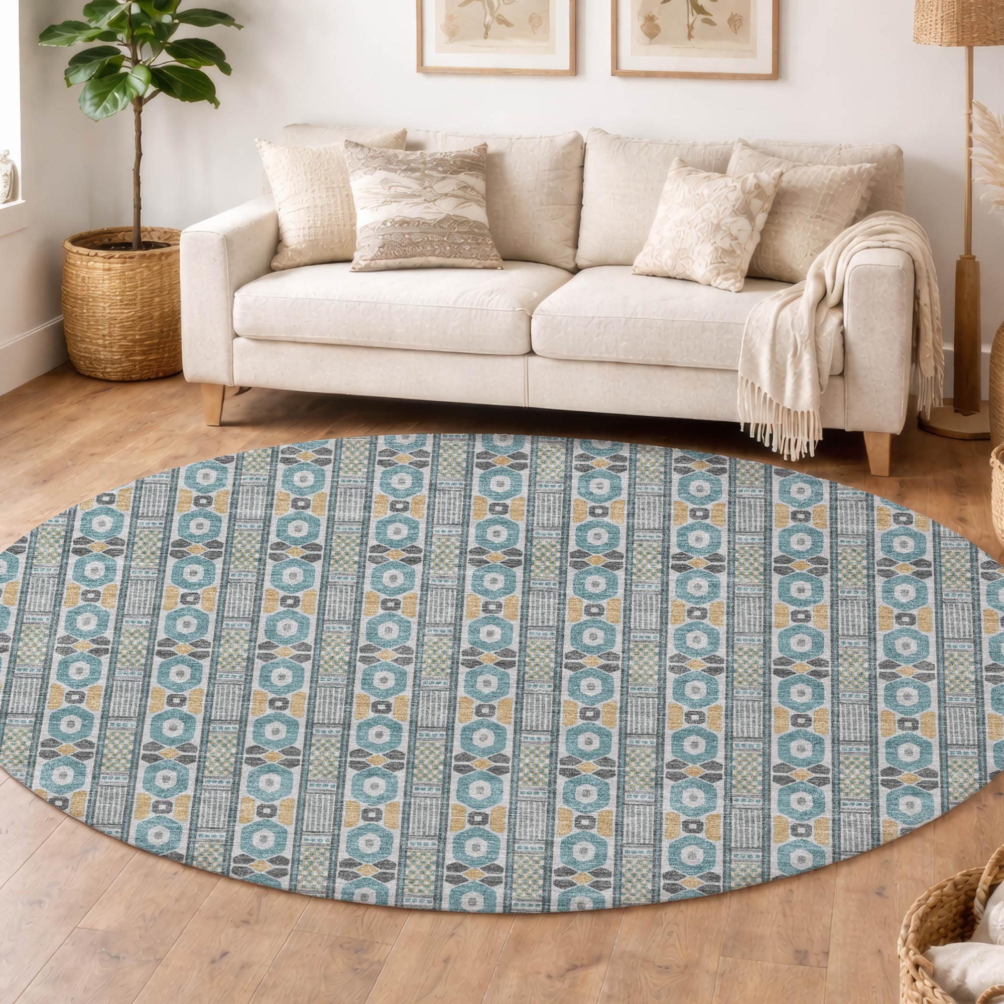 8' Teal Blue And Silver Round Striped Washable Indoor Outdoor Area Rug Homeroots Outdoor