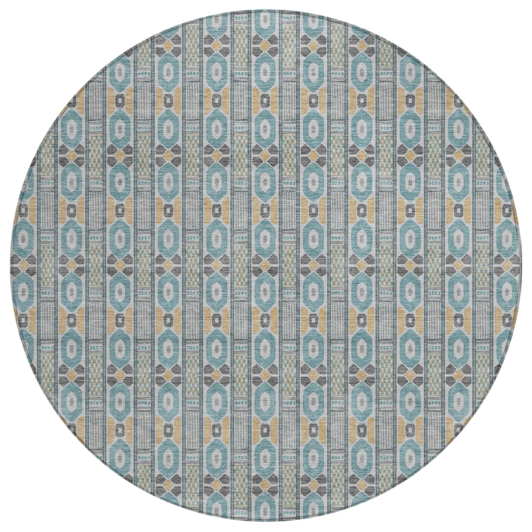8' Teal Blue And Silver Round Striped Washable Indoor Outdoor Area Rug Homeroots Outdoor