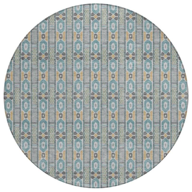 8' Teal Blue And Silver Round Striped Washable Indoor Outdoor Area Rug Homeroots Outdoor