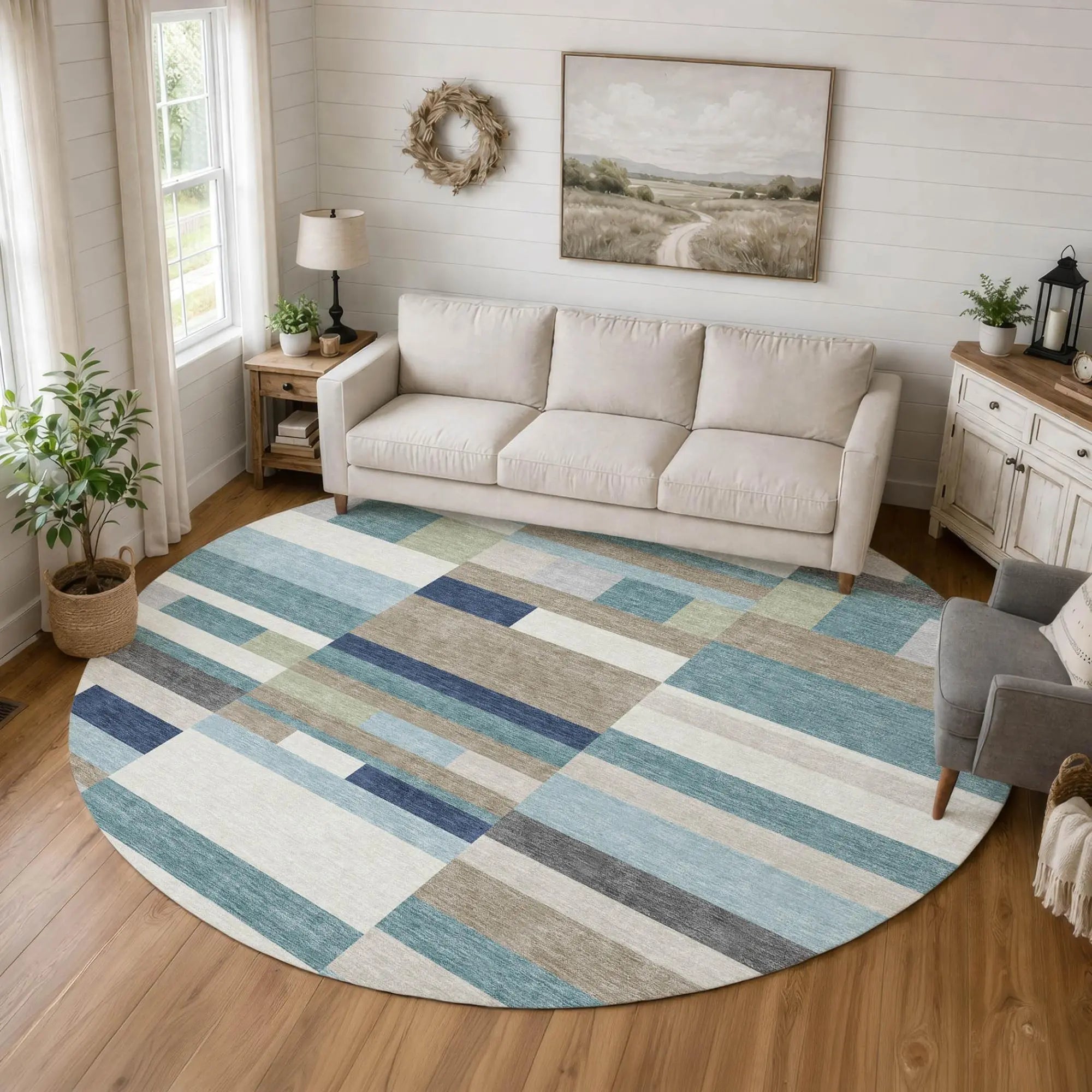 8' Teal Blue And Silver Round Striped Washable Indoor Outdoor Area Rug Homeroots Outdoor