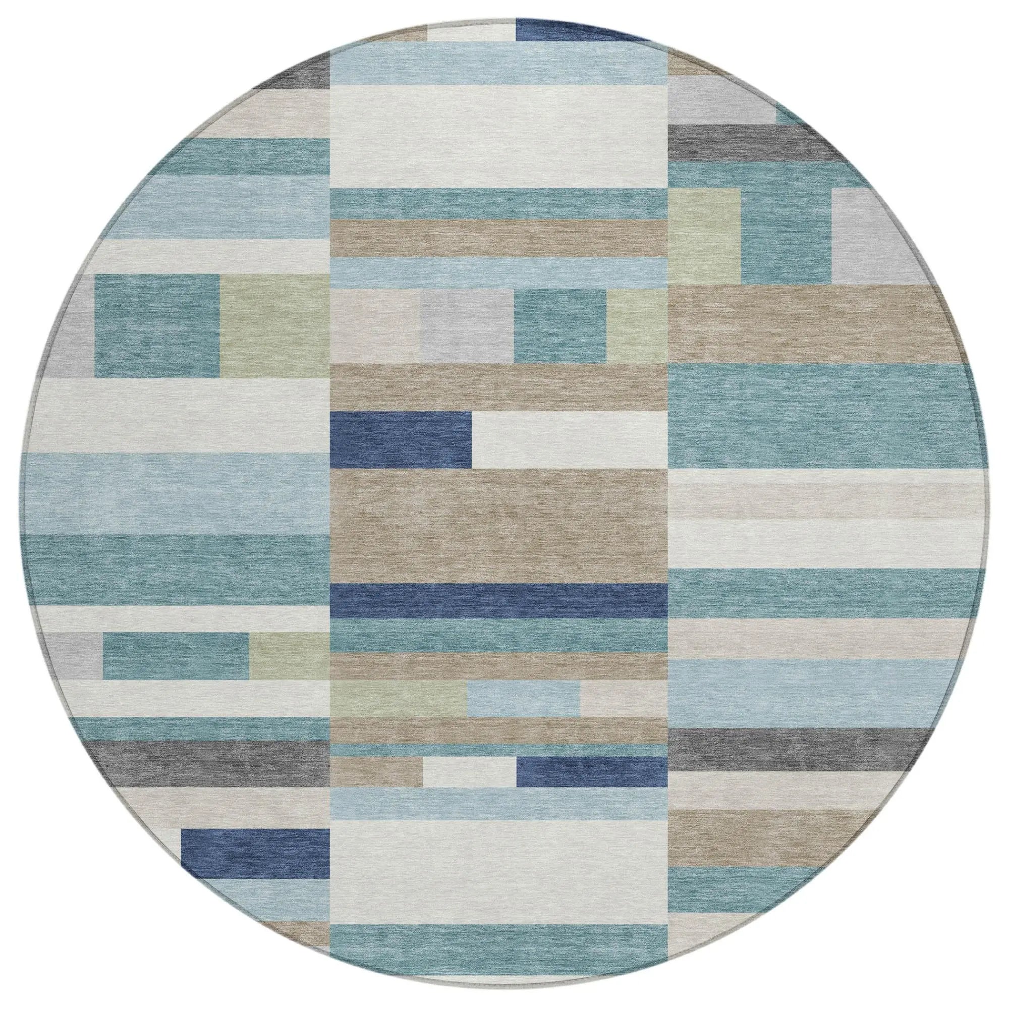 8' Teal Blue And Silver Round Striped Washable Indoor Outdoor Area Rug Homeroots Outdoor