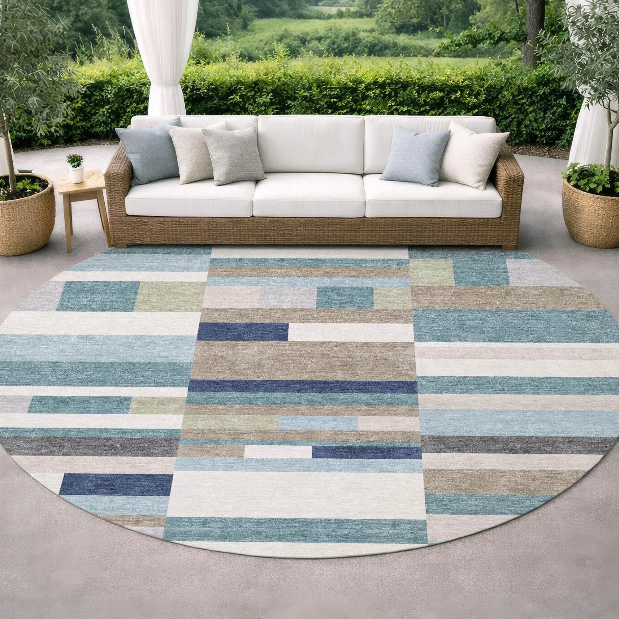 8' Teal Blue And Silver Round Striped Washable Indoor Outdoor Area Rug Homeroots Outdoor