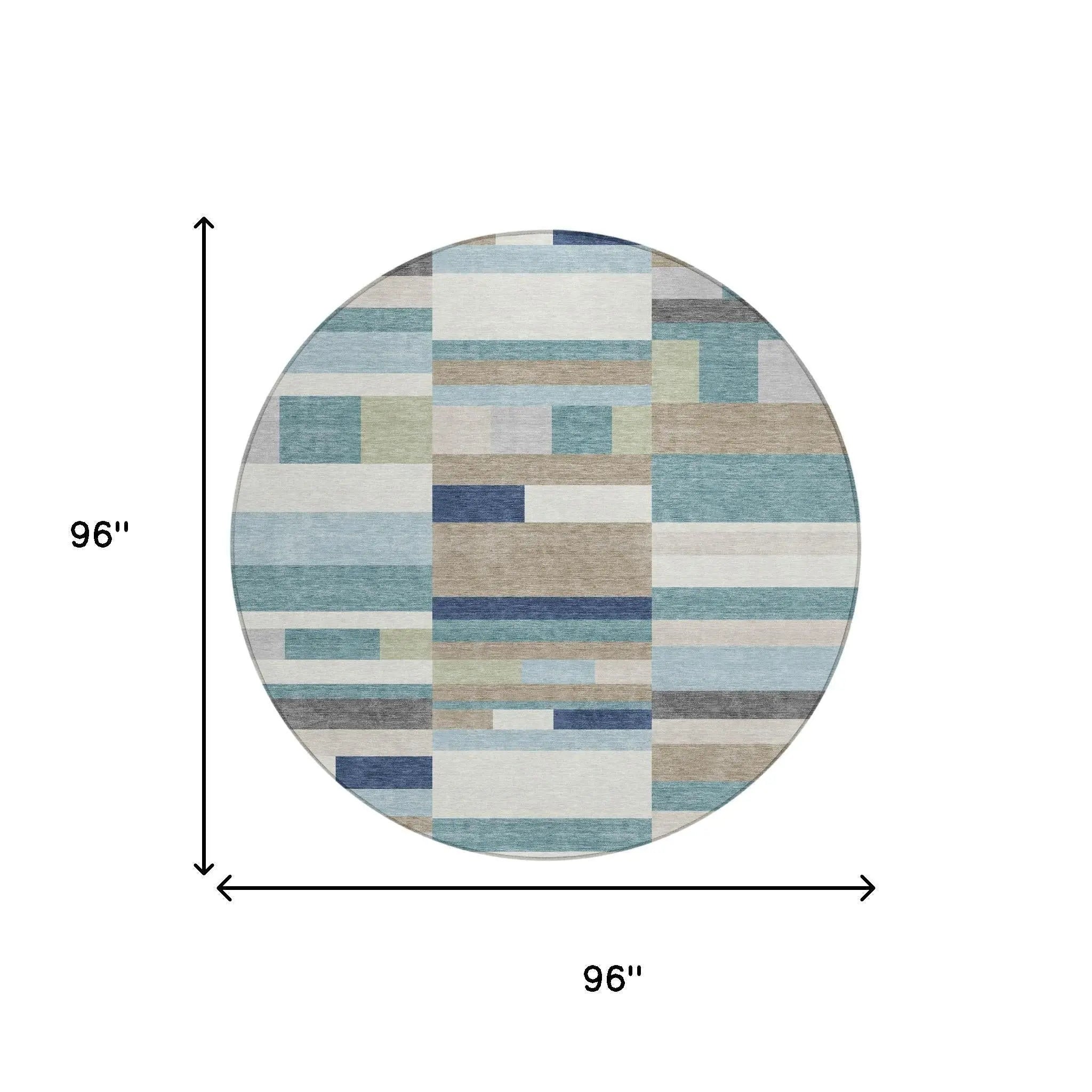 8' Teal Blue And Silver Round Striped Washable Indoor Outdoor Area Rug Homeroots Outdoor