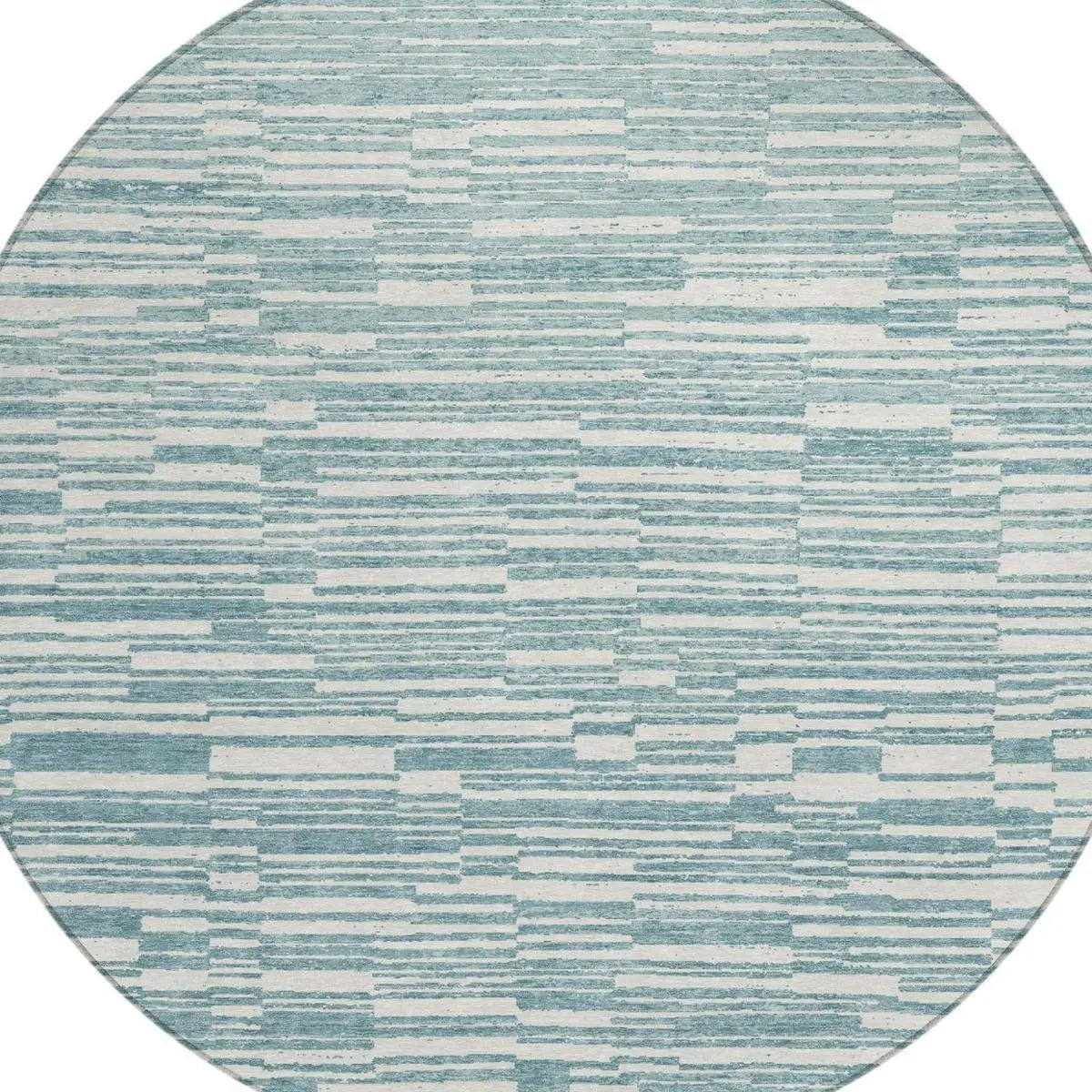 8' Teal Blue And Silver Round Striped Washable Indoor Outdoor Area Rug Homeroots Outdoor