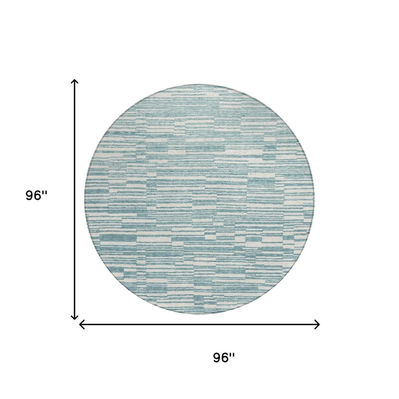 8' Teal Blue And Silver Round Striped Washable Indoor Outdoor Area Rug Homeroots Outdoor