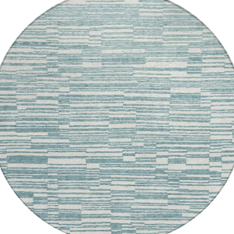 8' Teal Blue And Silver Round Striped Washable Indoor Outdoor Area Rug Homeroots Outdoor