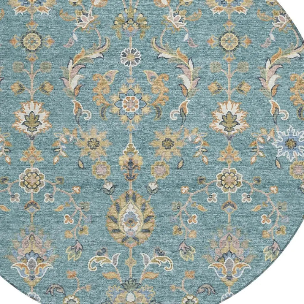 8' Teal Blue And Taupe Round Abstract Washable Indoor Outdoor Area Rug Homeroots Outdoor