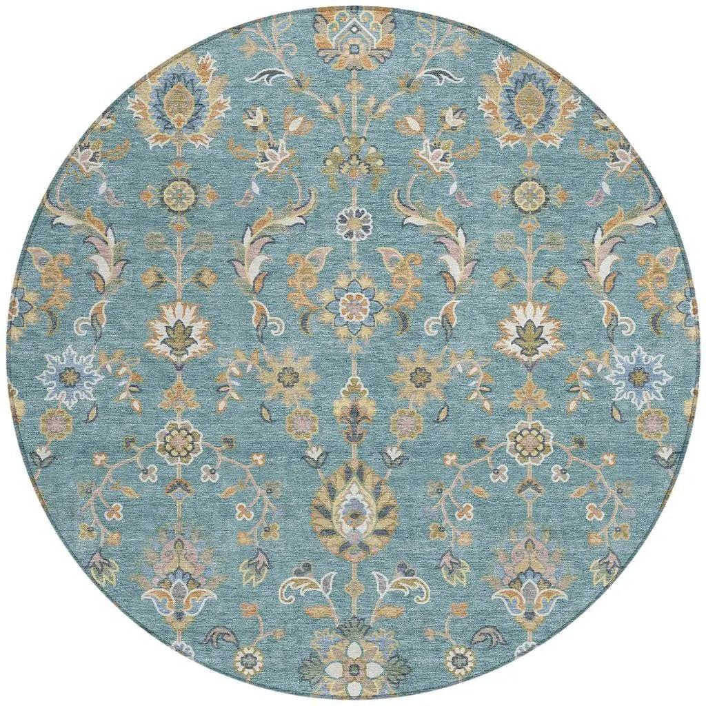 8' Teal Blue And Taupe Round Abstract Washable Indoor Outdoor Area Rug Homeroots Outdoor