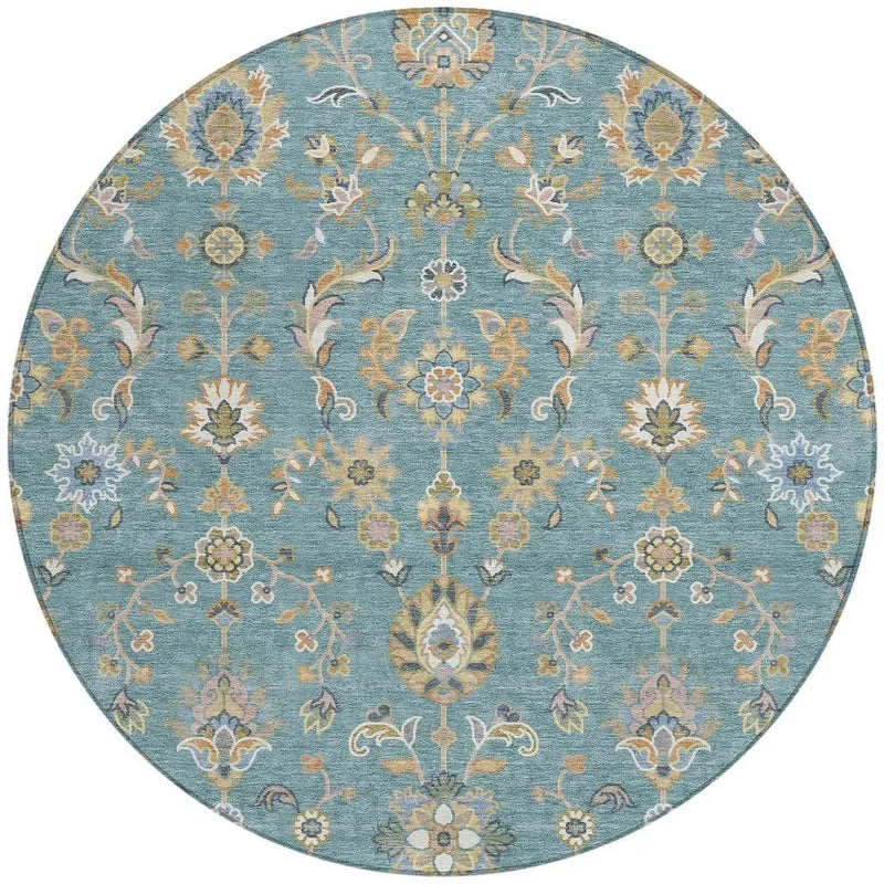 8' Teal Blue And Taupe Round Abstract Washable Indoor Outdoor Area Rug Homeroots Outdoor