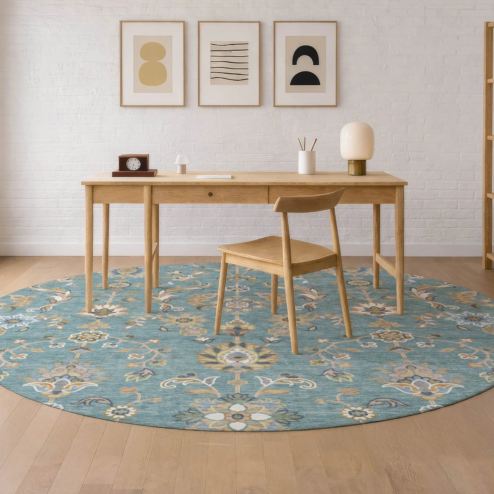 8' Teal Blue And Taupe Round Abstract Washable Indoor Outdoor Area Rug Homeroots Outdoor