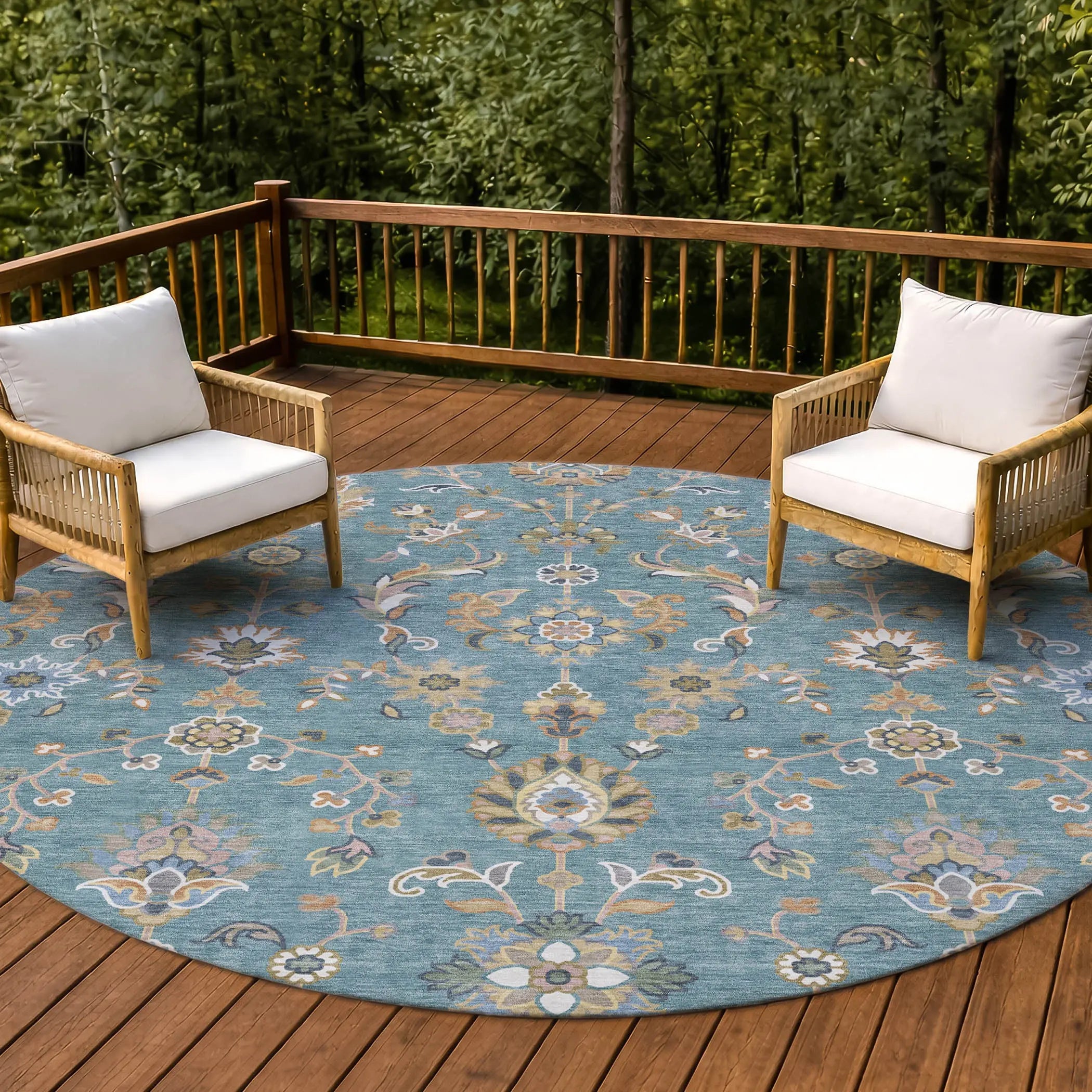 8' Teal Blue And Taupe Round Abstract Washable Indoor Outdoor Area Rug Homeroots Outdoor