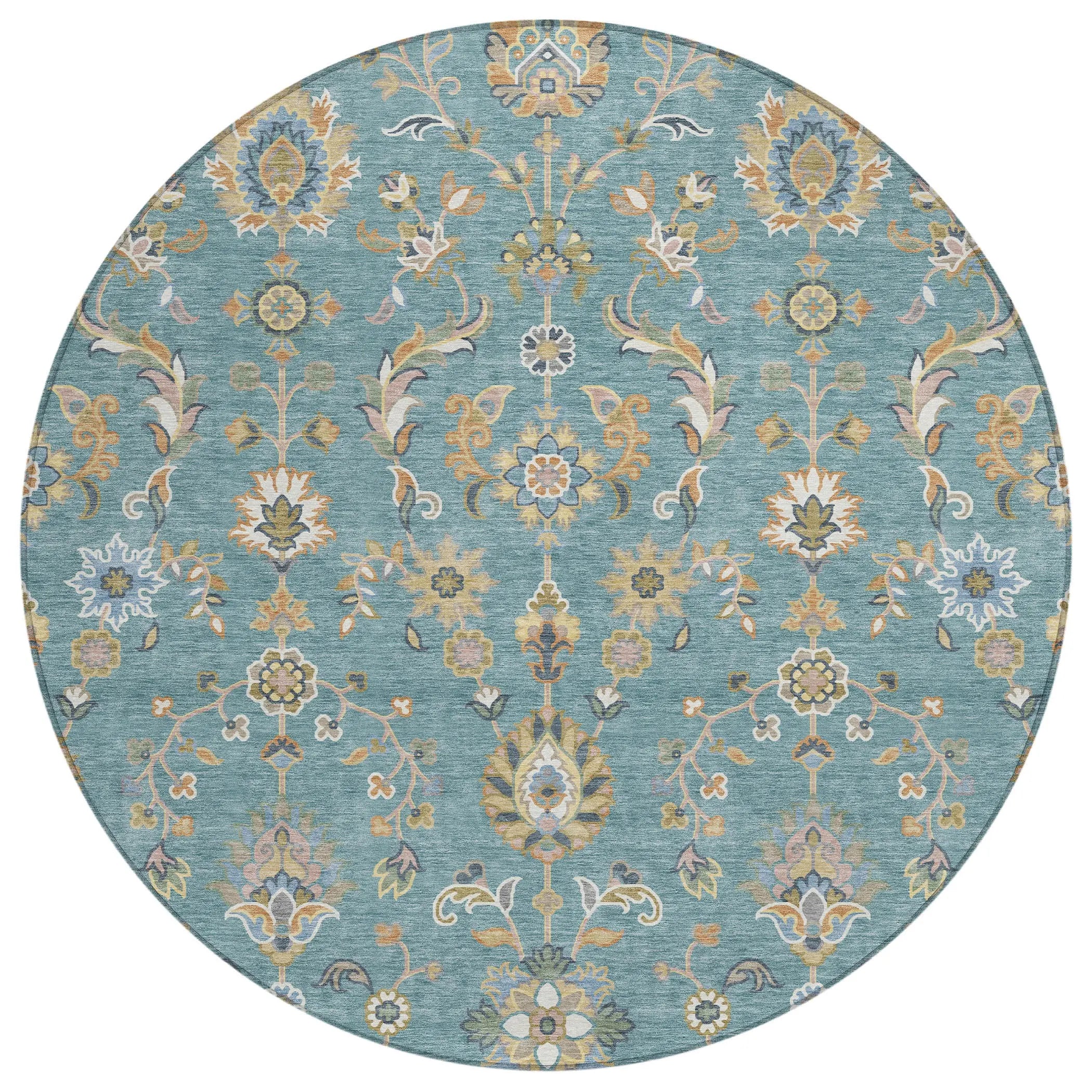 8' Teal Blue And Taupe Round Abstract Washable Indoor Outdoor Area Rug Homeroots Outdoor