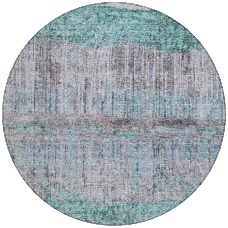 8' Teal Blue And Taupe Round Abstract Washable Indoor Outdoor Area Rug Homeroots Outdoor