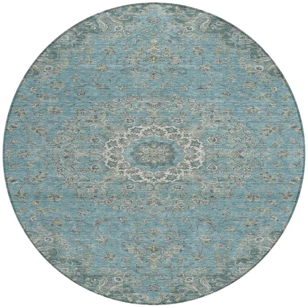 8' Teal Blue And Turquoise Round Floral Medallion Washable Indoor Outdoor Area Rug Homeroots Outdoor
