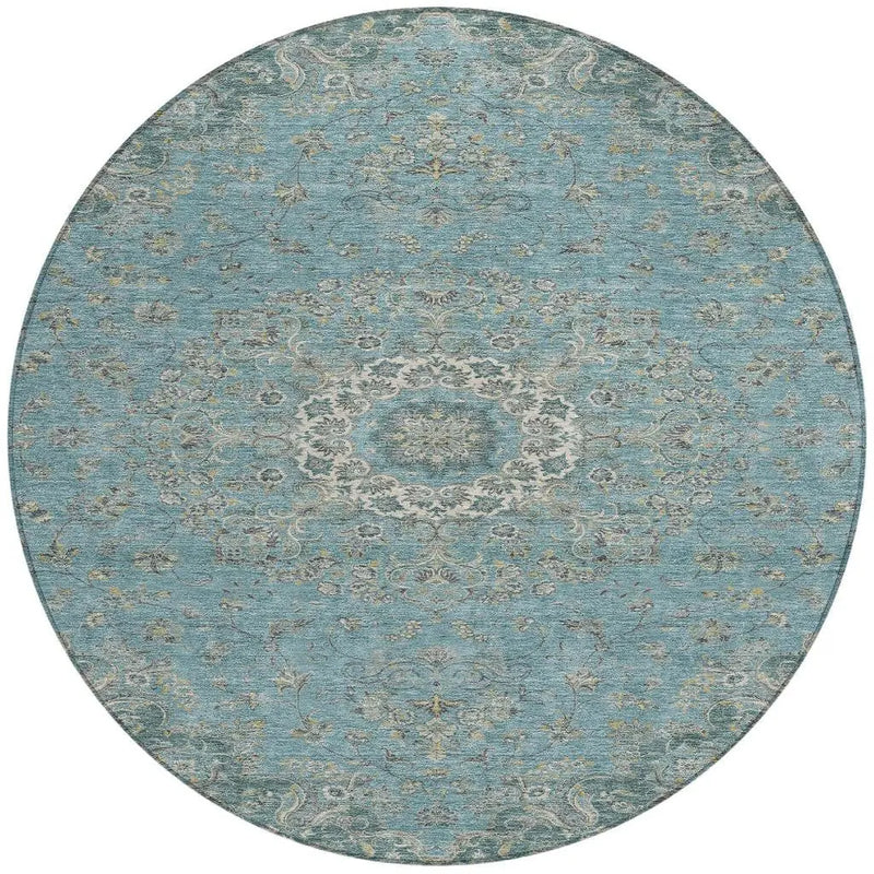 8' Teal Blue And Turquoise Round Floral Medallion Washable Indoor Outdoor Area Rug Homeroots Outdoor
