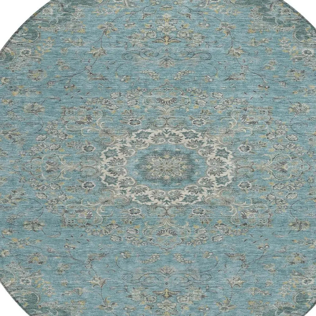 8' Teal Blue And Turquoise Round Floral Medallion Washable Indoor Outdoor Area Rug Homeroots Outdoor