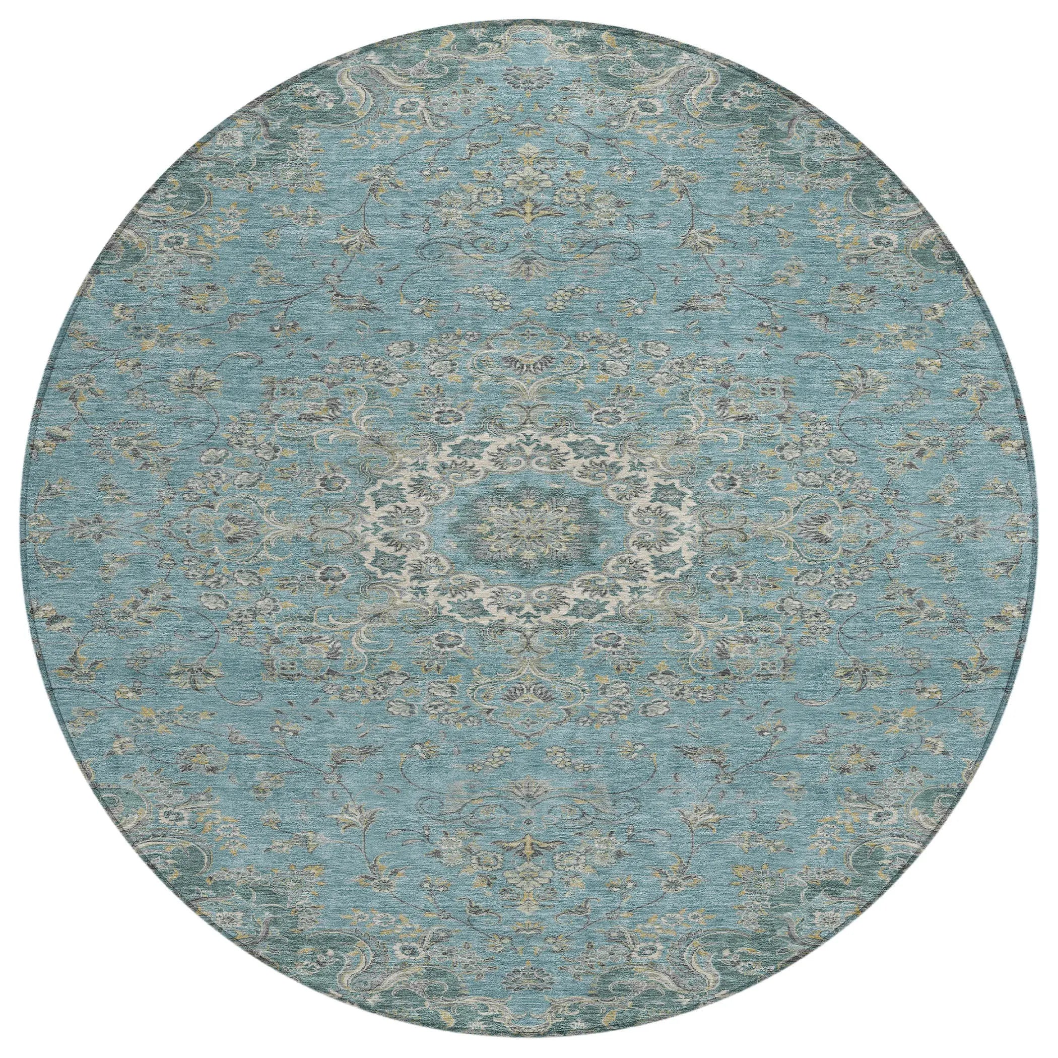 8' Teal Blue And Turquoise Round Floral Medallion Washable Indoor Outdoor Area Rug Homeroots Outdoor