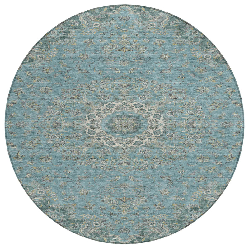 8' Teal Blue And Turquoise Round Floral Medallion Washable Indoor Outdoor Area Rug Homeroots Outdoor