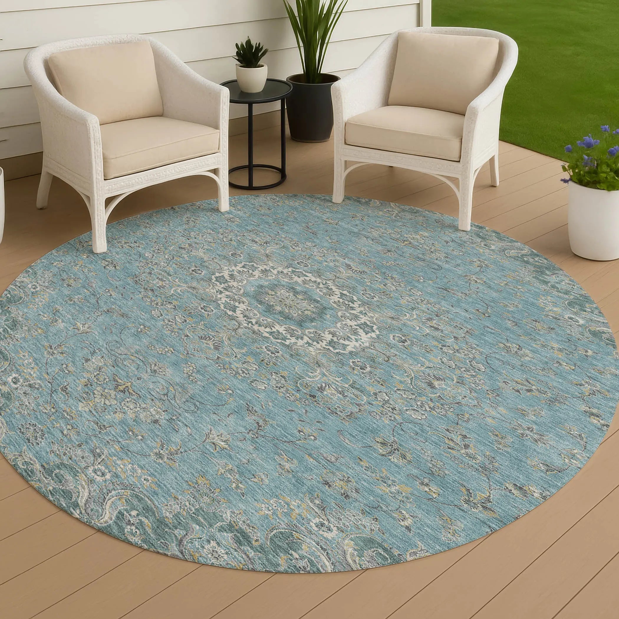 8' Teal Blue And Turquoise Round Floral Medallion Washable Indoor Outdoor Area Rug Homeroots Outdoor