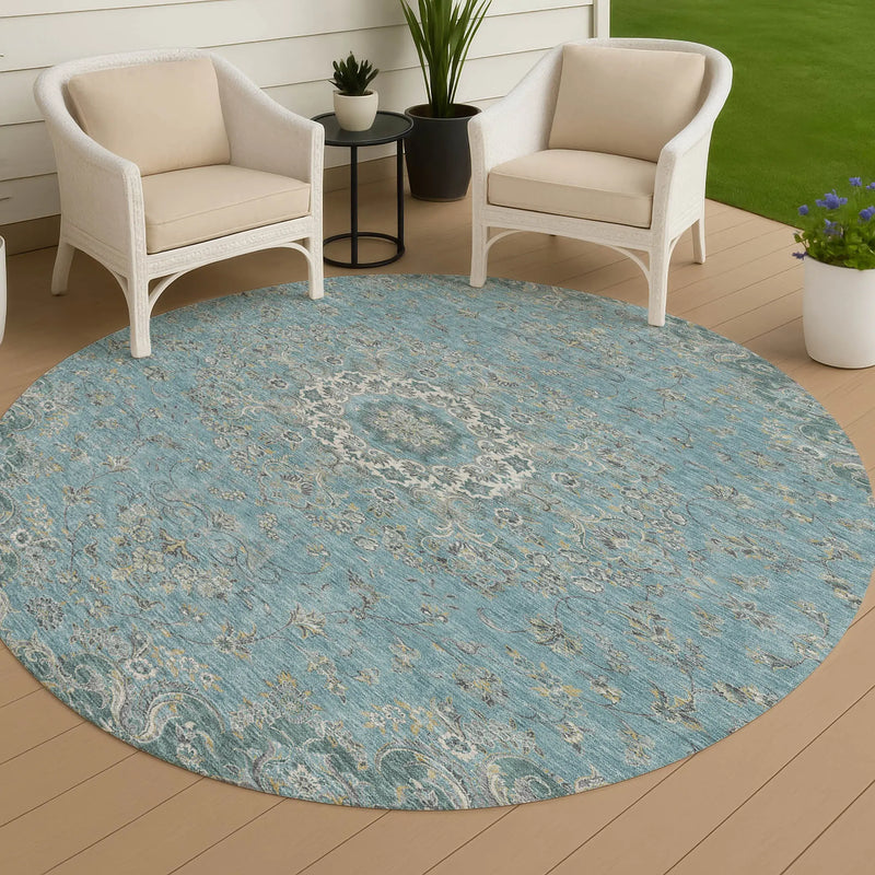 8' Teal Blue And Turquoise Round Floral Medallion Washable Indoor Outdoor Area Rug Homeroots Outdoor