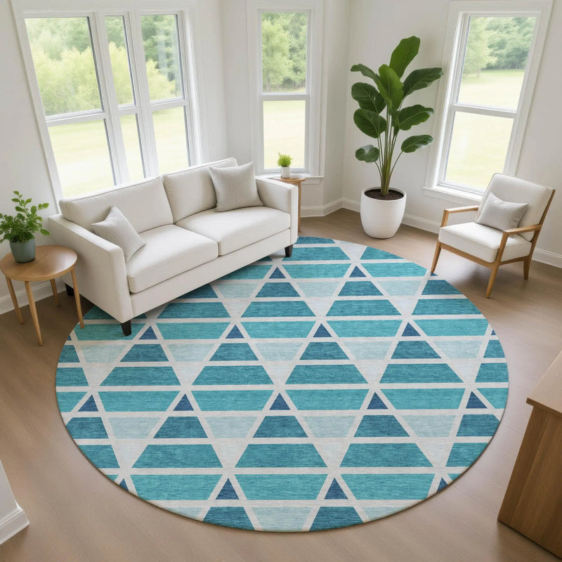 8' Teal Blue And Turquoise Round Geometric Washable Indoor Outdoor Area Rug Homeroots Outdoor