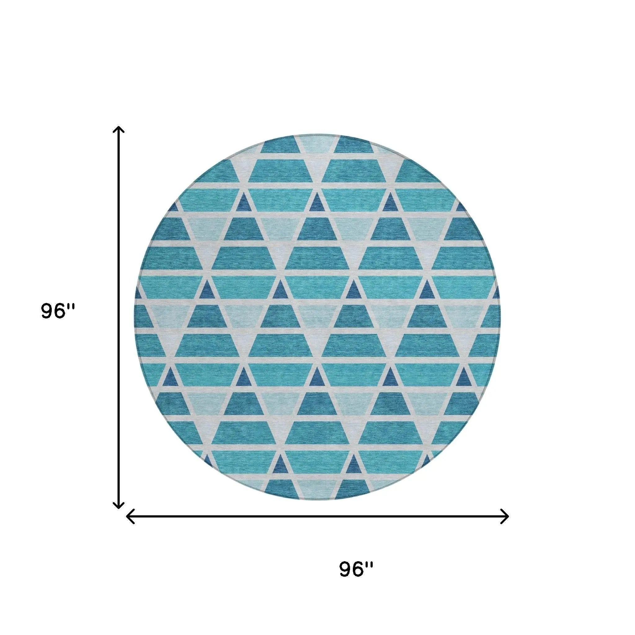 8' Teal Blue And Turquoise Round Geometric Washable Indoor Outdoor Area Rug Homeroots Outdoor