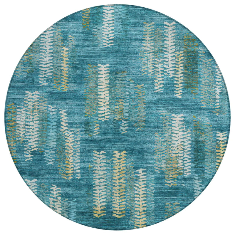 8' Teal Blue And Turquoise Round Striped Washable Indoor Outdoor Area Rug Homeroots Outdoor