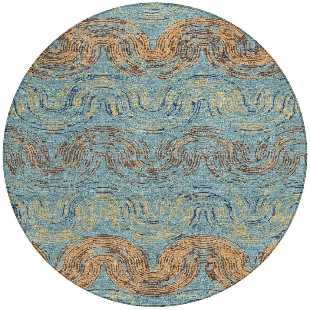 8' Teal Blue And Wheat Round Abstract Washable Indoor Outdoor Area Rug Homeroots Outdoor