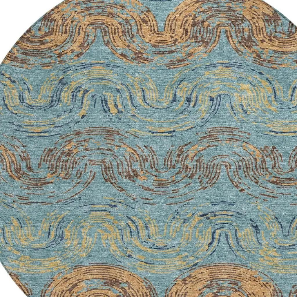 8' Teal Blue And Wheat Round Abstract Washable Indoor Outdoor Area Rug Homeroots Outdoor