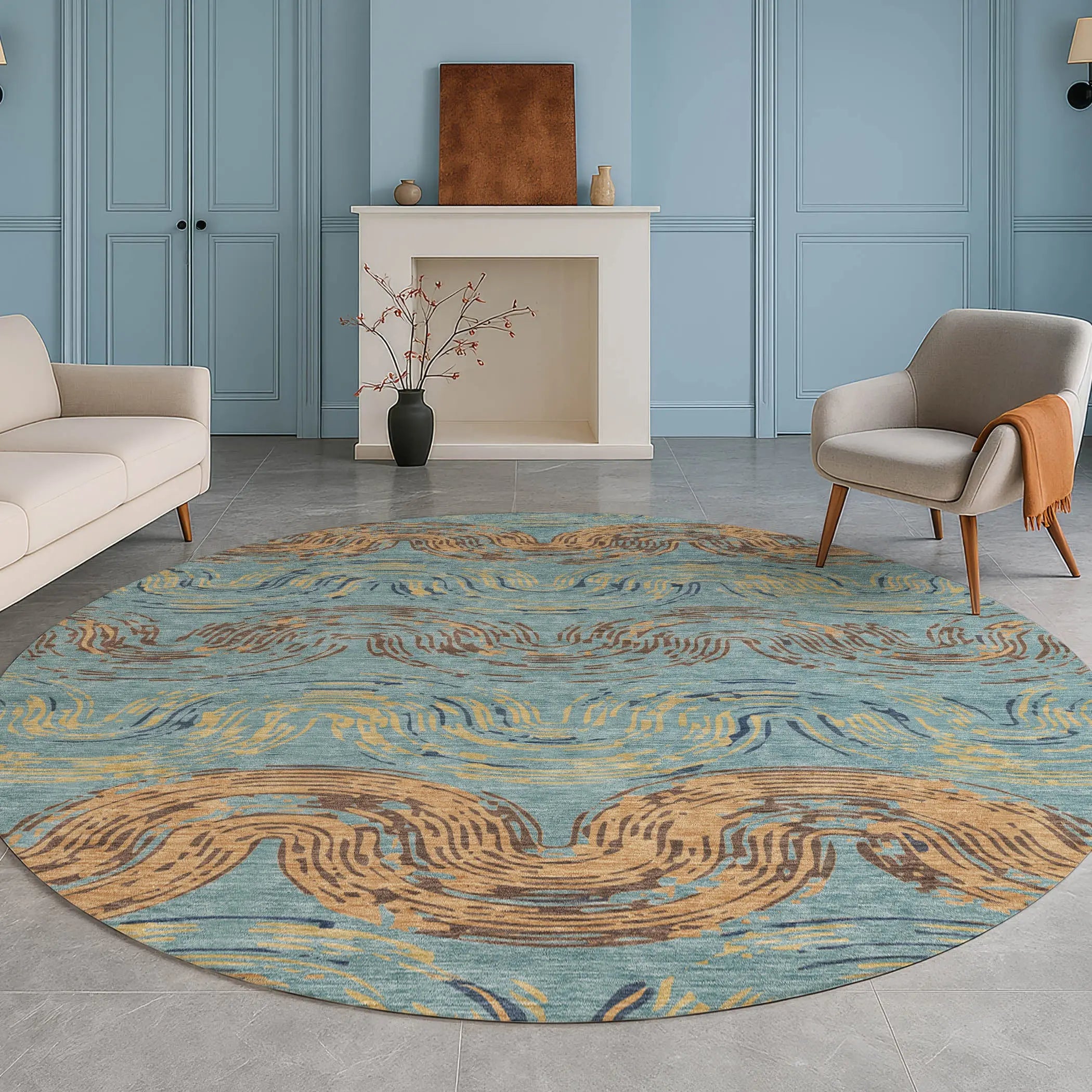 8' Teal Blue And Wheat Round Abstract Washable Indoor Outdoor Area Rug Homeroots Outdoor