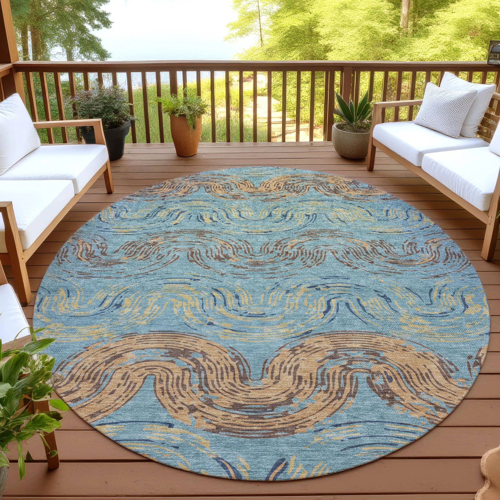 8' Teal Blue And Wheat Round Abstract Washable Indoor Outdoor Area Rug Homeroots Outdoor