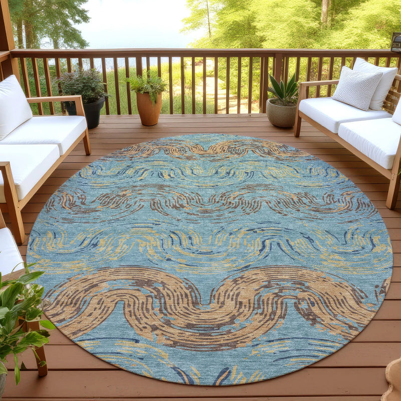 8' Teal Blue And Wheat Round Abstract Washable Indoor Outdoor Area Rug Homeroots Outdoor