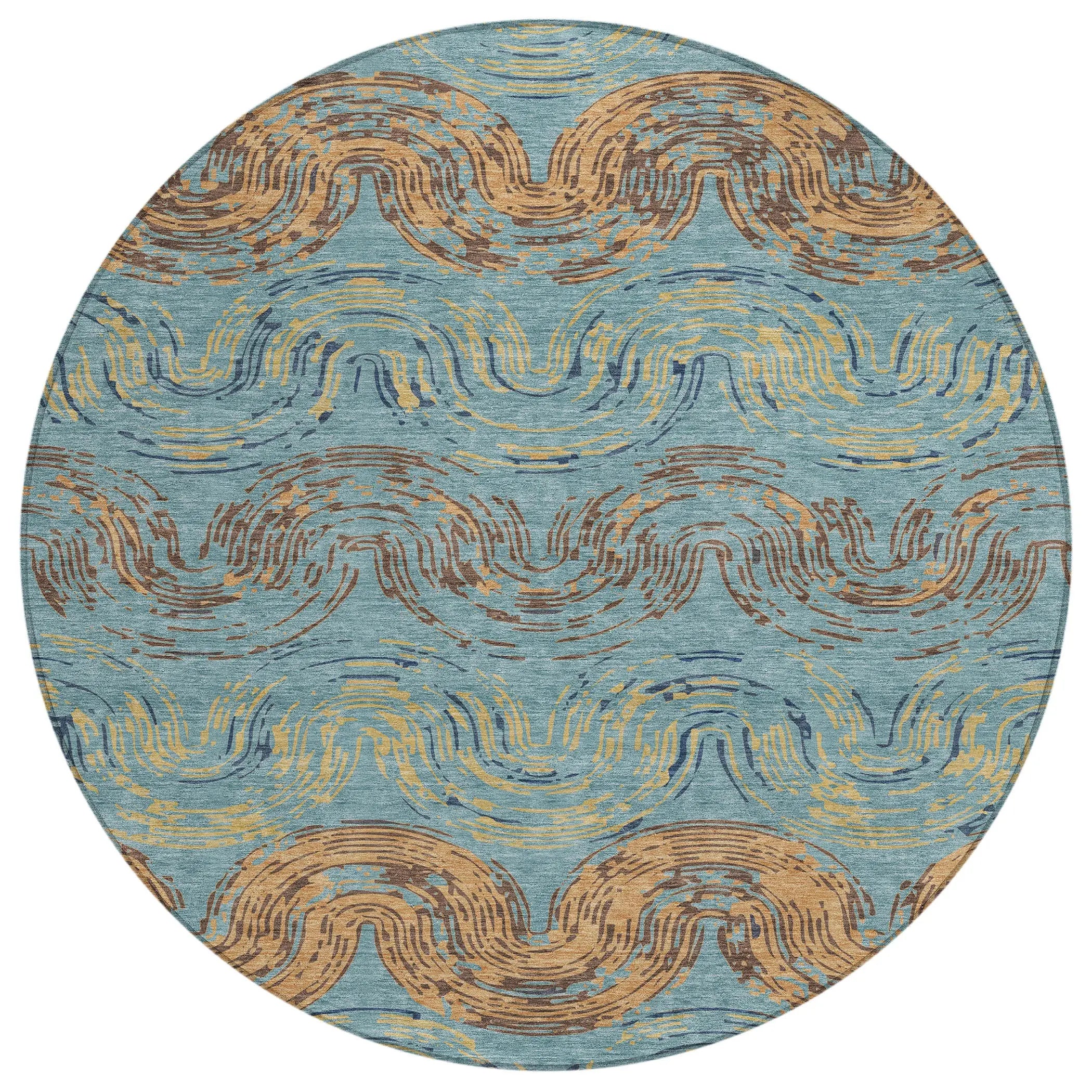 8' Teal Blue And Wheat Round Abstract Washable Indoor Outdoor Area Rug Homeroots Outdoor