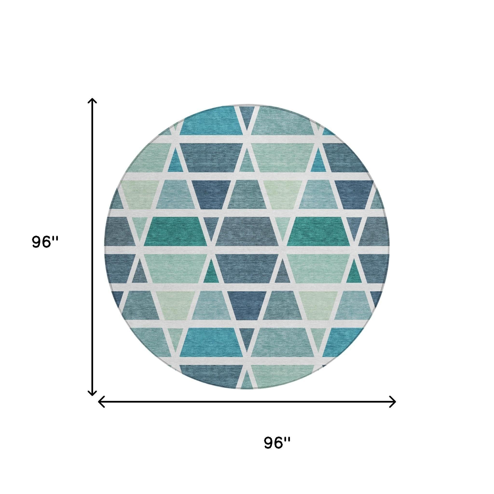 8' Teal Blue And White Round Geometric Washable Indoor Outdoor Area Rug Homeroots Outdoor