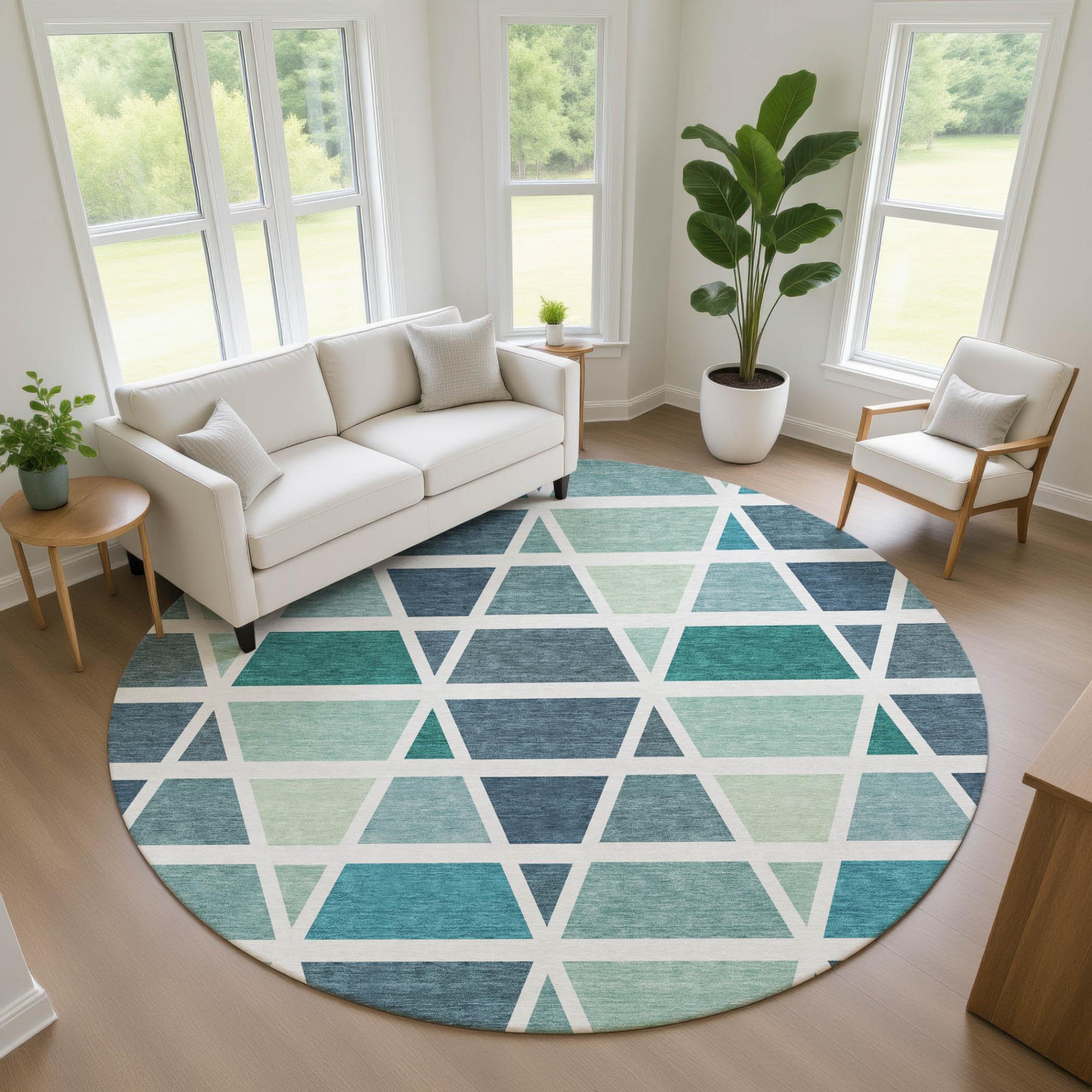 8' Teal Blue And White Round Geometric Washable Indoor Outdoor Area Rug Homeroots Outdoor