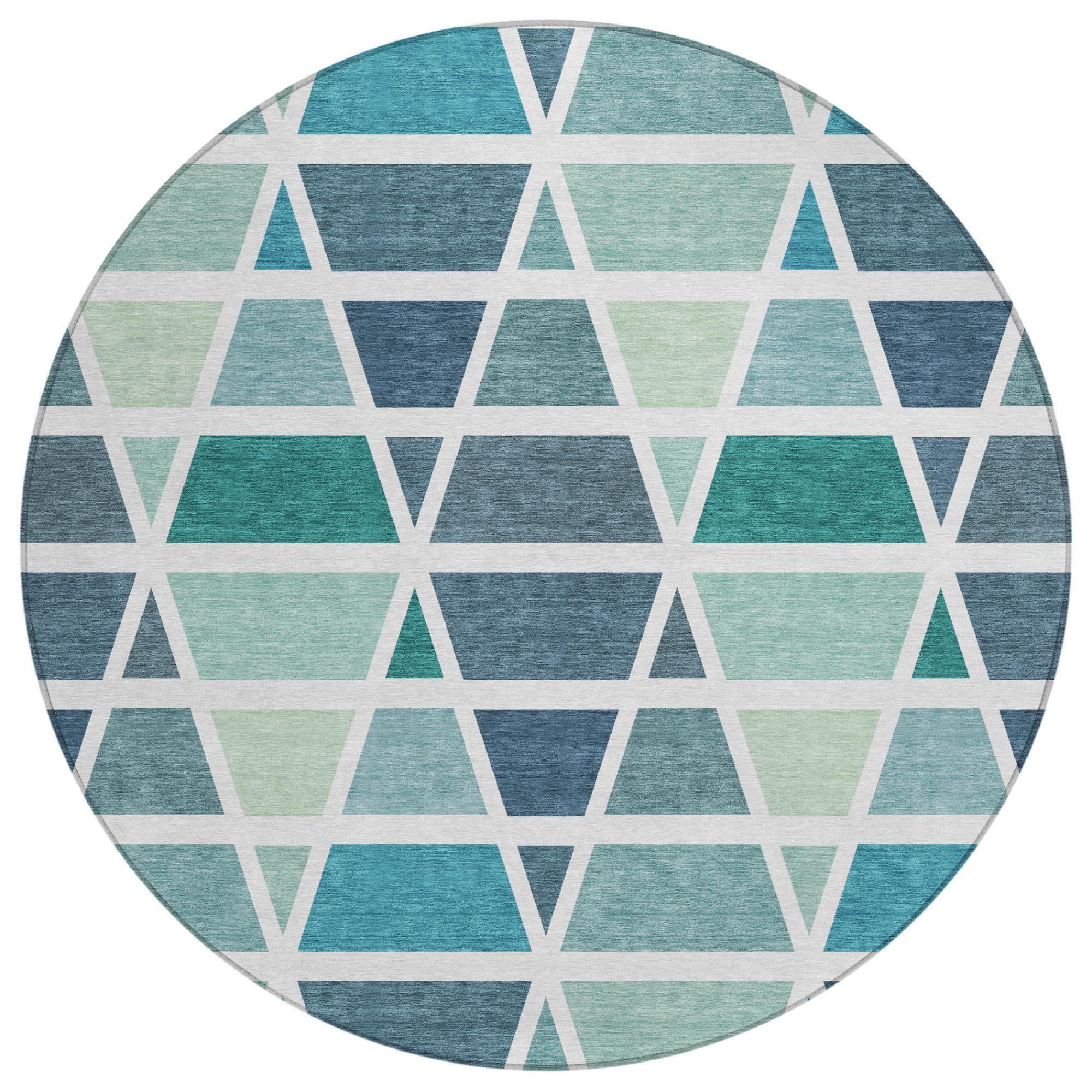 8' Teal Blue And White Round Geometric Washable Indoor Outdoor Area Rug Homeroots Outdoor